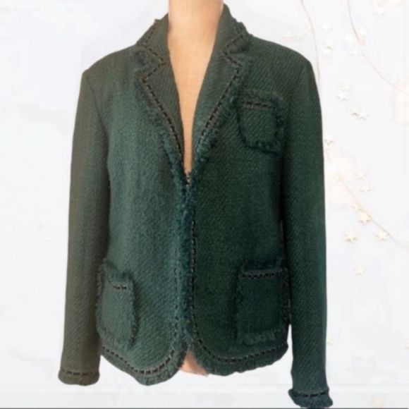 Dialogue Tweed Teal Frayed Wool Blend Blazer size 12 - Picture 3 of 14